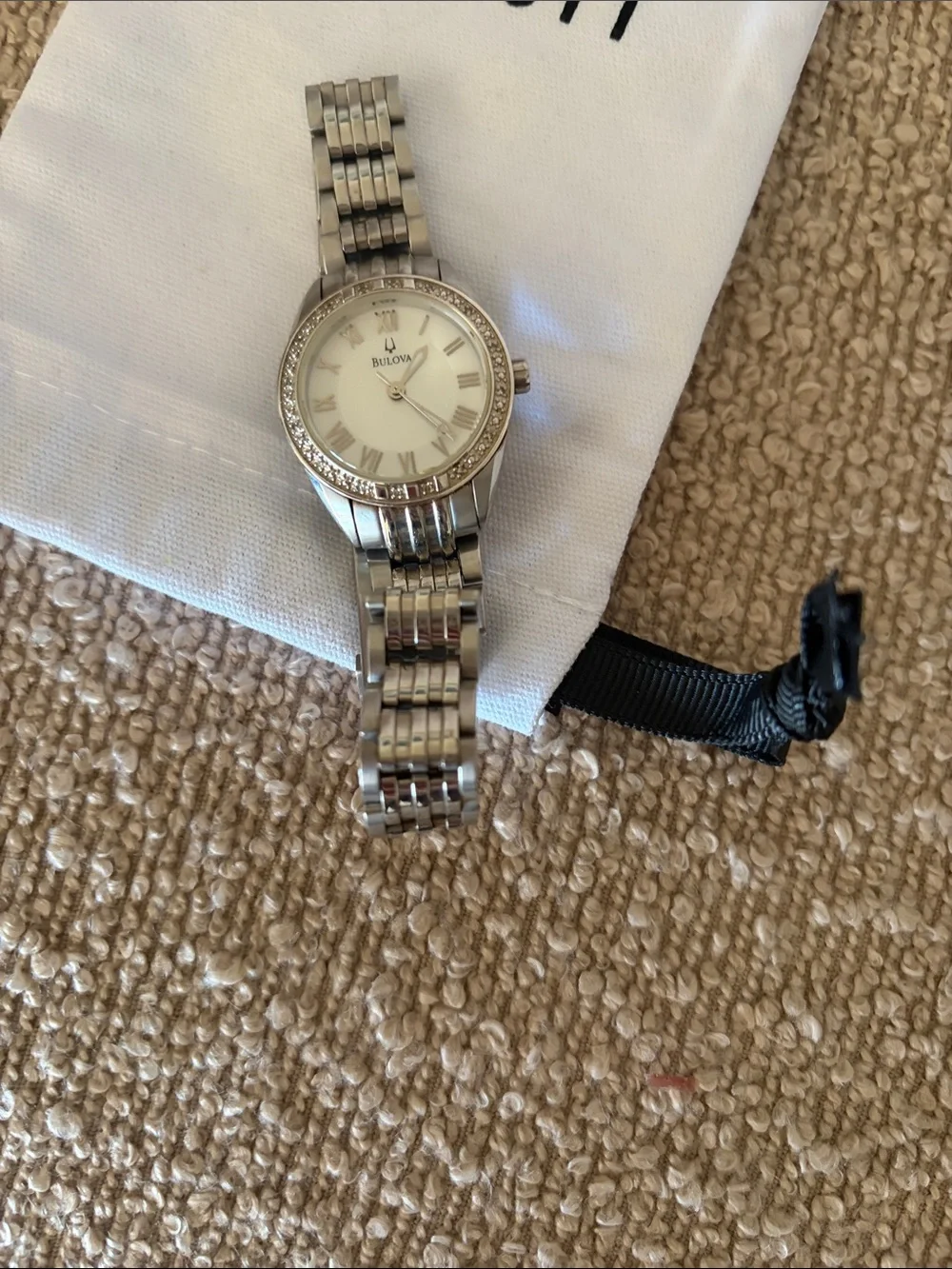 Bulova Silver Watch with White Dial and Crystal Bezel
